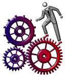 Man on cogs representing Accountant assisting Busiiness